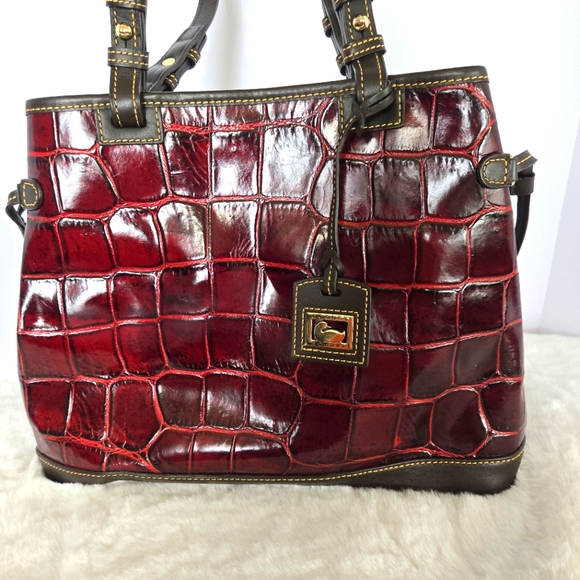 Dooney & Bourke Handbags - Dooney & Bourke Burgundy Croc Embossed Leather Double Strap Tassel Bag